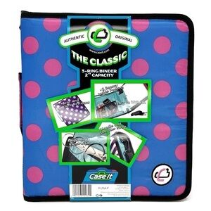 Case-It “The Classic” 2” Three Ring Binder Blue with Pink Polka Dots 3 New NWT